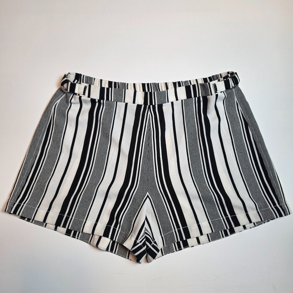 Calvin Klein Vertical Stripe High Waist Buckle Detail Shorts Black White Medium